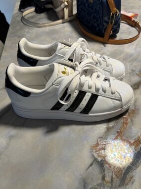 adidas Superstar II W White Sneakers with Black Accents and Gold Trim Size 8 1/2
